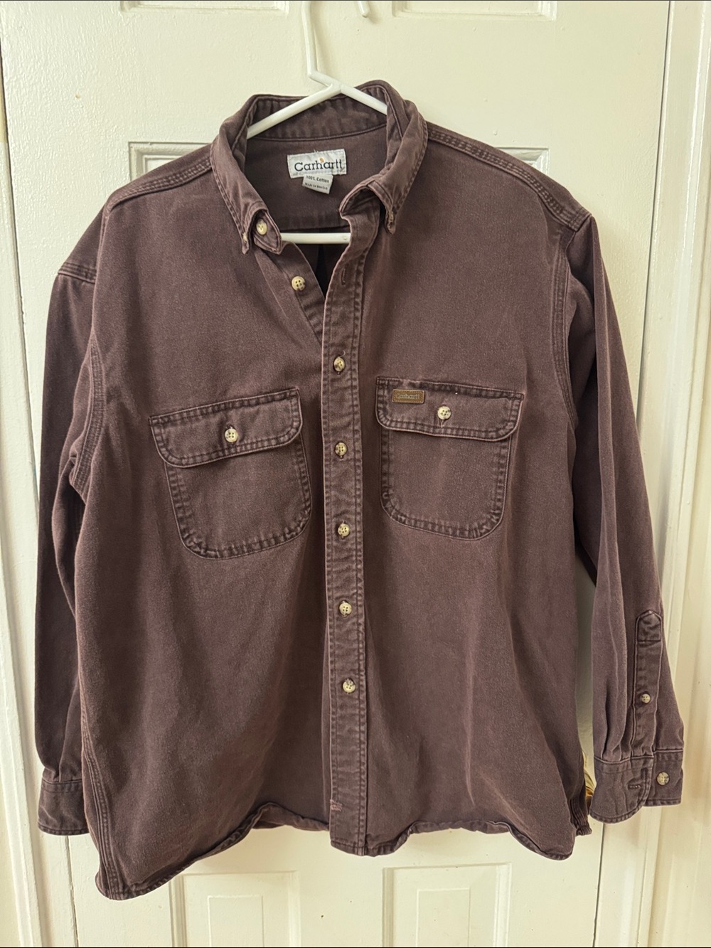 Carhartt Men's Brown Solid Canvas Cotton Button-Down Shirt Long Sleeve Size L